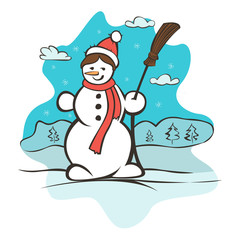 Children's drawing a snowman. Christmas card vector illustration