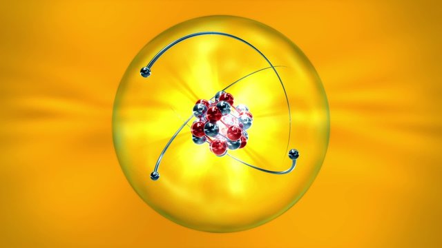 Atom mit Atomkern, Atomh&uuml;lle und kreisenden Elektronen, farbig auf gelbem Hintergrund 