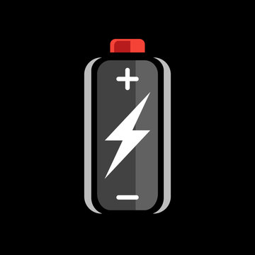 Black battery charge icon. battery charge sign. battery charge symbol. Battery on black background. Vector illustration.