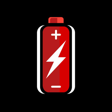 Red AA battery charge icon. battery charge sign. battery charge symbol. Battery on black background. Vector illustration.