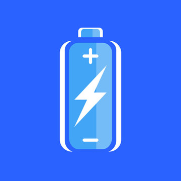 Blue battery charge icon. battery charge sign. battery charge symbol. Battery on blue background. Vector illustration.