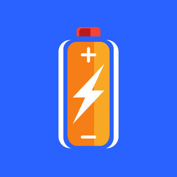 Orange battery charge icon. battery charge sign. battery charge symbol. Battery on blue background. Vector illustration.