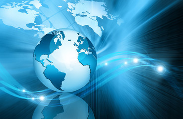 Best Internet Concept of global business. Globe, glowing lines on technological background. Electronics, Wi-Fi, rays, symbols Internet, television, mobile and satellite communications