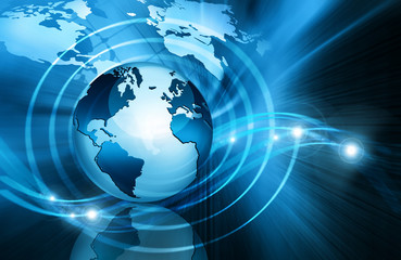 Best Internet Concept of global business. Globe, glowing lines on technological background. Electronics, Wi-Fi, rays, symbols Internet, television, mobile and satellite communications