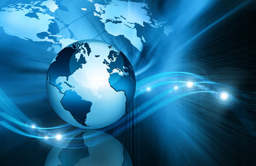 Best Internet Concept of global business. Globe, glowing lines on technological background. Electronics, Wi-Fi, rays, symbols Internet, television, mobile and satellite communications
