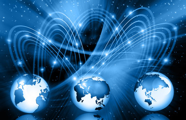Best Internet Concept of global business. Globe, glowing lines on technological background. Electronics, Wi-Fi, rays, symbols Internet, television, mobile and satellite communications
