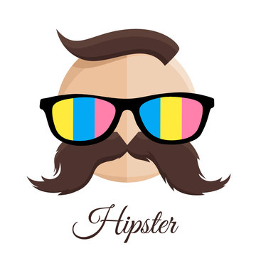 Hipster man with Colourful Sun Glasses and Mustache / Moustache. Vector illustration.