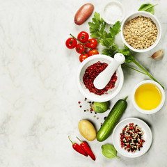 Mortar and pestle with fresh ingredients