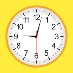 Yellow analogue clock. Vector illustration..