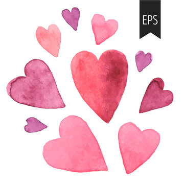 Set of pink watercolor hearts.