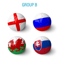 France 2016, group B. Balls with England, Russia, Wales and Slovakia flags isolated on white background