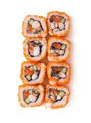 Traditional fresh japanese sushi rolls isolated on white background. Top view