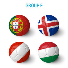 France 2016, group F. Balls with Portugal, Iceland, Austria and Hungary flags isolated on white background