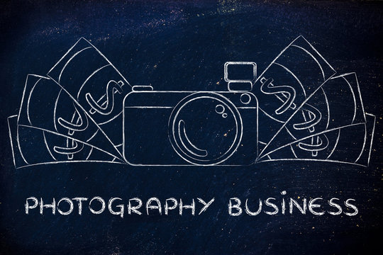 camera surrounded by cash, with text Photography Business