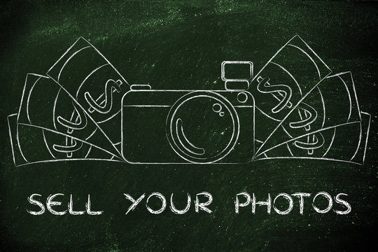camera surrounded by cash, with text Sell your photos
