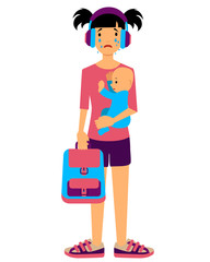 Teenage mother crying and holding the baby. Vector illustration
