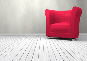 3D red armchair on white timber floor