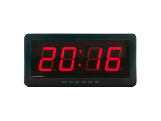 close up red led light illumination numbers 2016 on black digital electric alarm clock face isolated on white background, time symbol concept for celebrating the New Year