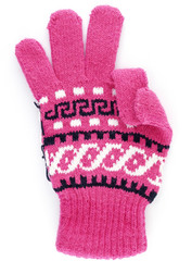 close up three finger of pink winter glove gesturing hand sign for ok symbol or counting number isolated on white background, vertical image