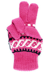close up pink winter glove gesturing hand sign for victory symbol isolated on white background, vertical image