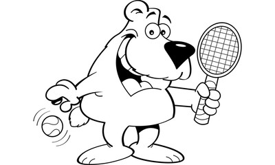 Black and white illustration of a bear holding a tennis racket.