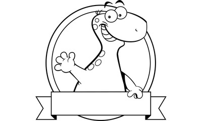 Black and white illustration of a brontosaurus dinosaur with a banner sign.