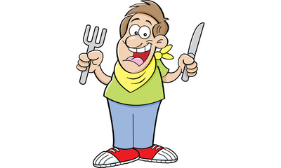 Cartoon illustration of a hungry man holding a knife and fork. © bennerdesign