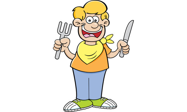 Cartoon illustration of a hungry boy holding a knife and fork. Stock  Illustration | Adobe Stock