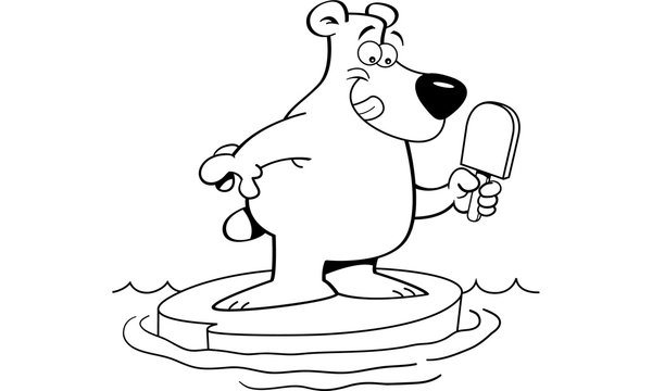 Black and white illustration of a polar bear eating a frozen treat.