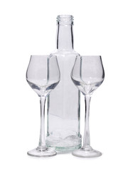 Bottles and glasses on a white background