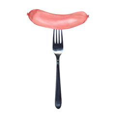 Frankfurter sausage on a fork isolated