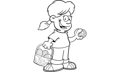Black and white illustration of a girl with an easter basket finding easter eggs.