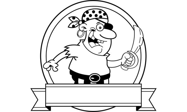Black and white illustration of a pirate inside a circle with a banner.