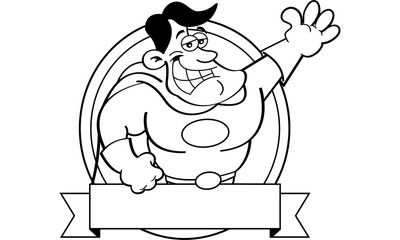 Black and white illustration of a super hero inside a circle with a banner.
