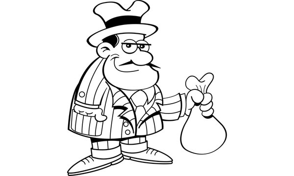 Black and white illustration of a gangster holding a bag.