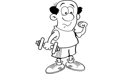 Naklejka premium Black and white illustration of a weak man holding a dumbbell and making a muscle.