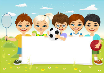 children with different sports equipment