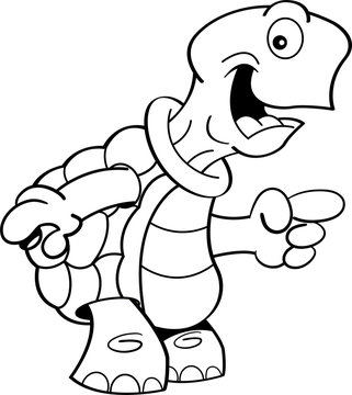 Black and white illustration of a turtle pointing.