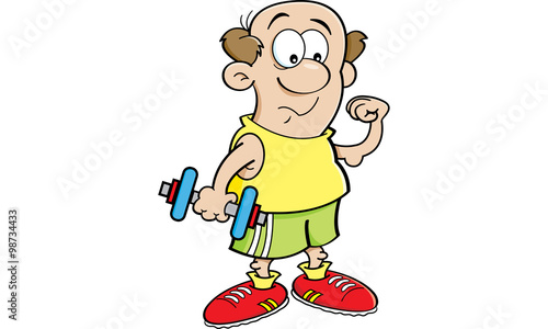 "Cartoon illustration of a weak man holding a dumbbell and making a