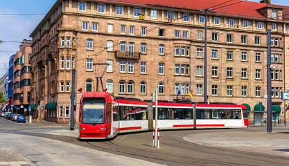 Fototapeta na wymiar Tram near railway station in Nuremberg - Germany