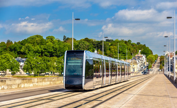 Wireless tram on Pont Wilson Bridge in Tours - France