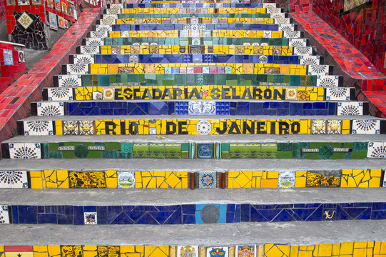 Rare empty view of colorful mosaic tiles at the Escadaria Selaron Steps, the world-famous tourist attraction in Lapa