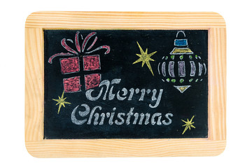 Wooden frame vintage chalkboard with Merry Christmas message and hand drawing symbols