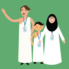family haj hajj pilgrim man father mother woman kids wearing islam hijab ihram clothes vector illustration