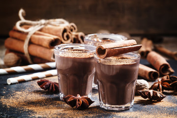Hot liquid chocolate with warming winter spices, cinnamon, anise