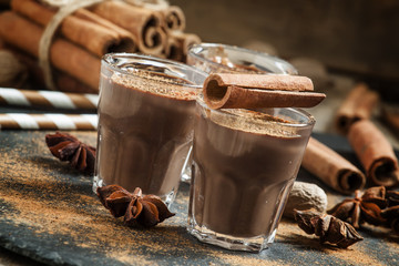 Hot liquid chocolate with warming winter spices, cinnamon, anise