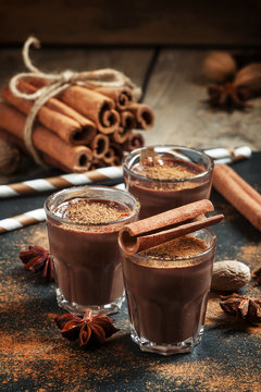 Hot liquid chocolate with warming winter spices, cinnamon, anise