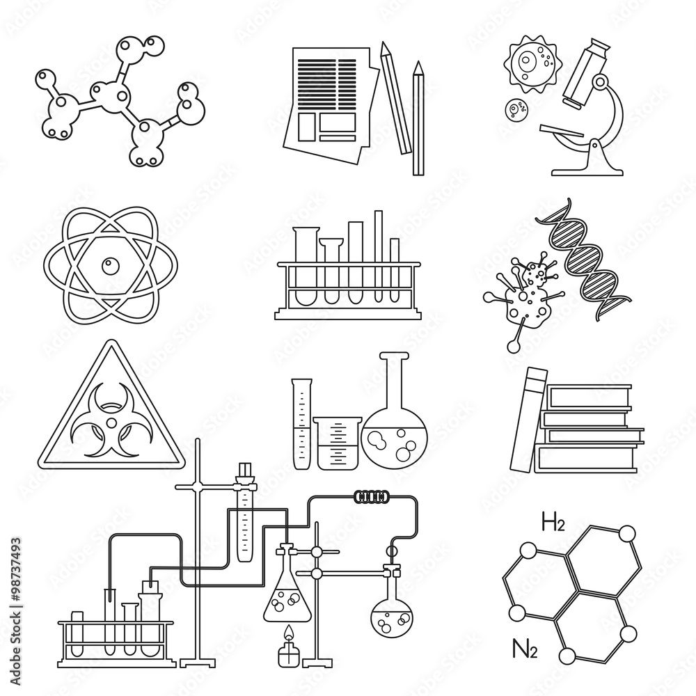 Poster chemical laboratory science and technology thin line icons set isolated. workplace tools