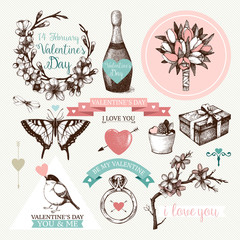 Vector set of ink hand drawn design elements for valentine's day. Vintage valentine's day collection with frames, borders, icons, banners.