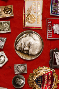 The collection of icons of the Soviet era. Badges with Communist themes.